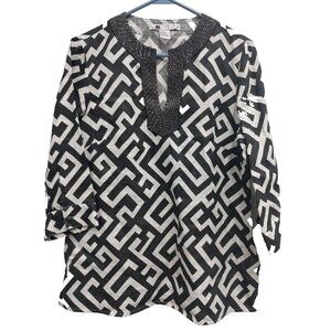 Carole Little Womens Blouse Top Medium Black White Linen Beaded Coastal Resort